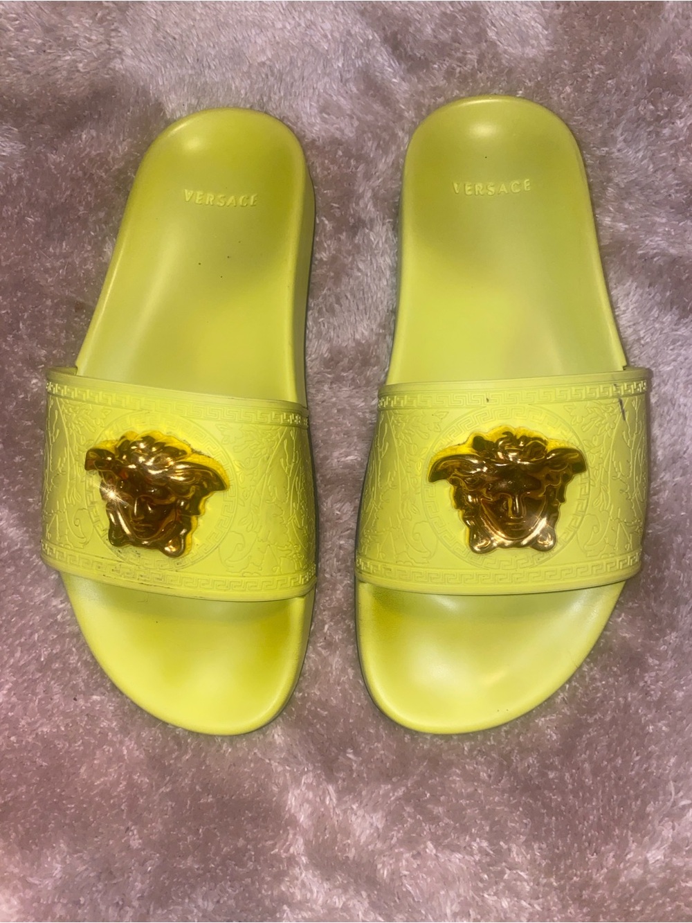 Versace Neon Yellow Slides with Gold Medusa Plaque